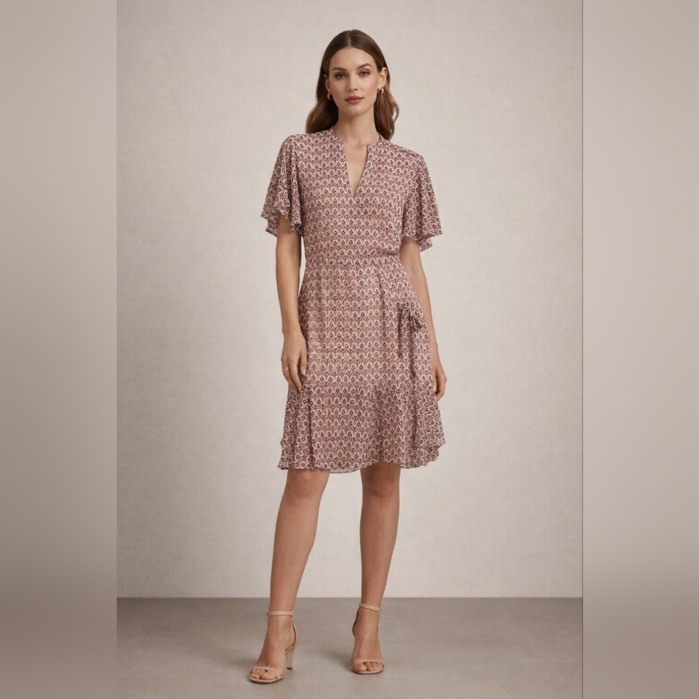Reiss Anna Printed Flutter Sleeve Dress | US 6